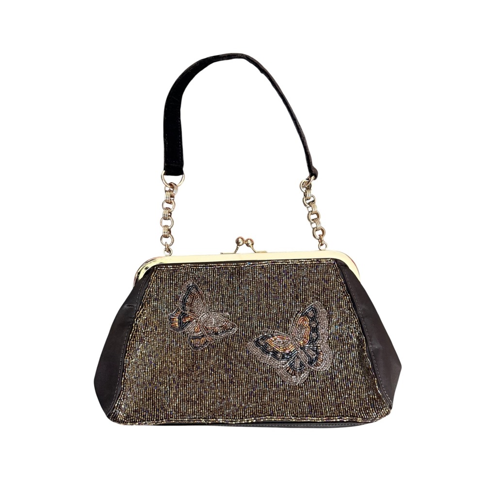 Vintage Liz Claiborne Handbag Beaded Butterfly Kiss Lock Evening Bag Brown OS - Picture 2 of 4
